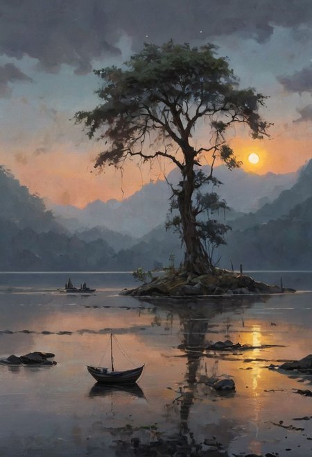 Under the serene light of a crescent moon, a fishing ship gently floats on a calm sea, its silhouette dark against the night sky. The waters are tranquil, reflecting the soft glow of the moon. In the distance, an island looms with a single, massive tree dominating the landscape. The tree's branches stretch wide, casting intricate shadows on the ground below. The scene is depicted with rough, expressive oil painting strokes, adding texture and depth to the tranquil night. The overall ambiance is peaceful, with a touch of mystique. romantic impressionism, dream scenery art, beautiful oil matte painting, romantic, beautiful digital painting, romantic painting, dreamlike digital painting, colorful painting, thick brushstrokes characteristic, rough stroke, beautiful gorgeous digital art, style thomas kinkade, janek sedlar, jenny saville