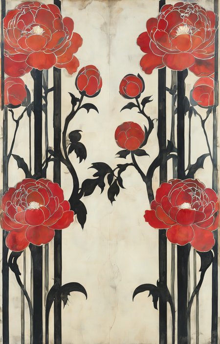 masterpiece,best quality,<lora:tbh269-sdxl:0.9>,illustration,style of Koloman Moser, decaying peonies