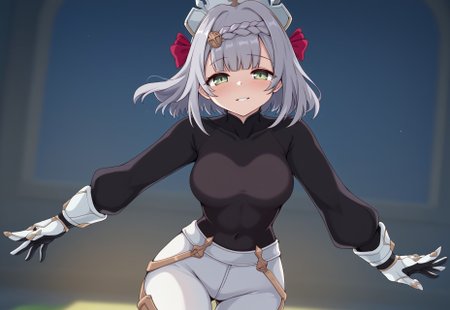 score_9, 1girl, noelle_(genshin_impact), solo, white pants, white gloves, smile, parted lips, looking at viewer, black and white outfit, black shirt, shirt tucked in, half-closed eyes, blush, dynamic pose, green eyes, black hair ribbon, 