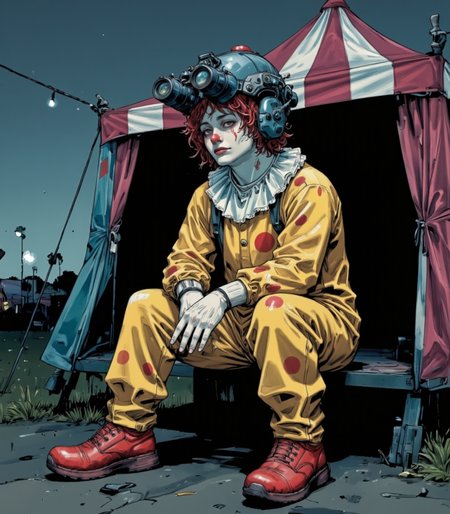 anime art of, A sad clown sitting outside a closed carnival tent, wearing n0ds on his head. The n0ds feature a protective headpiece in a matte black finish, equipped with a dual-tube optical device, with two forward-facing cylindrical lenses that subtly reflect the dim ambient light. His bright red curly clown wig spills out from under the headgear, framing his white-painted face adorned with exaggerated sad eyebrows, teardrop makeup, and a classic red ball nose. He sits with slumped shoulders and dejected body language, his oversized gloved hands resting on his knees. His brightly colored clown outfit includes a baggy yellow jumpsuit with large polka dots, a ruffled white collar, and comically large red clown shoes scuffed from wear. Behind him, the striped carnival tent is dark, with its entrance flaps tied shut, and a few unlit string lights hang limp overhead. The scene is quiet and somber, with the faint silhouettes of carnival rides visible in the foggy distance, adding a melancholic backdrop to the clownâs poignant figure., (bio ink:0.5), Colored JJK Manga Style<lora:n0ds_epoch_23.safetensors:1.0:1.0> <lora:BioInk2FLUX.safetensors:0.5:0.5> <lora:Jujutsu_Kasien_Colored_Manga-000001.safetensors:1:1>