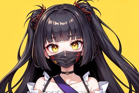 highly insanely detailed, masterpiece, top quality, best quality, highres, 4k, 8k, RAW photo, (very aesthetic, beautiful and aesthetic),  
(rsef style,fevercell style), 
<lora:rsef-000225:0.5>, 
(1girl:1.3), 
1other, 
 ruffle trim skor, voile one-shoulder top,   ,,samurai face mask , 
, 
very long hair,Wavy Side Bangs hair,blunt bangs,swept bangs,Messy Side Swept Hair,voluminous_look,updo hair,loose hair strand,leaf hair, 
, 
(pure yellow background,transparent background:1.2), 
,âââ