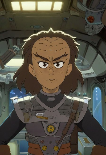 Studio Ghibli Style anime scene of an 18 year old female kling0n alien warrior, forehead ridges, light brown skin, nose ridges, large eyebrows, space station background, cleavage, leather armor
