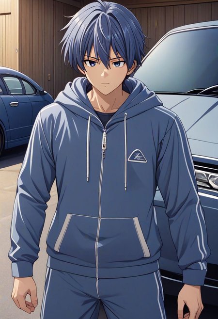 high resolution, solo, best quality, 1Boy, Tomoya Okazaki, Grey Blue Hair, lounge suit, hoodie, car garage, OverallDetail