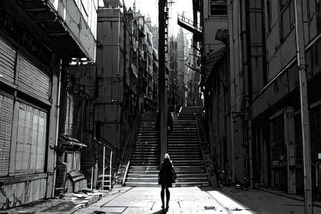 highly insanely detailed, masterpiece, top quality, best quality, highres, 4k, 8k, RAW photo, (very aesthetic, beautiful and aesthetic),  
tsutomu nihei,nihei_tsutomu,blame!,blame gakuen!,abara,TNstyle,sidonia_no_kishi,(stairs,tower,city ruins), 
<lora:blameLora_v10:0.6>, 
(1girl:1.3), 
solo focus, 
located in an urban scene at a scenic bus stop,âââ