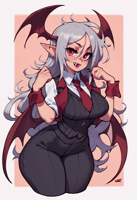 solo, 1girl , vampire , fang , grey hair , red eye , long eyelashes , red waistcoat , white undershirt , black vest pants , necktie , wrist cuffs , perverted smile , long hair , messy hair , parted bangs , messy bangs , blushing , big breasts , large hips , voluptuous , pointy ear , bat wings ,
zPDXL3 , score_9 , score_8 , score_7 , score_6_up , highly detailed ,