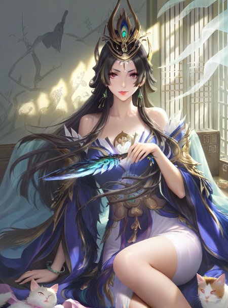 masterpiece,best quality,amazing quality,very aesthetic,ultra-detailed,absurdres,newest,volumetric lighting BREAK
(sitting:1.2),<lora:DetailedEyes_V3:0.4>,<lora:add-detail-xl:0.2>,<lora:NOOB_vp1_detailer_by_volnovik_v1:1>,
((looking at viewer:1.4)),off shoulder,bare shoulders,solo,(panorama:1.2),<lora:qinghe:0.8>,1girl,bare legs,black hair,cat,earrings,hair ornament,jewelry,long hair,sitting,solo,white dress