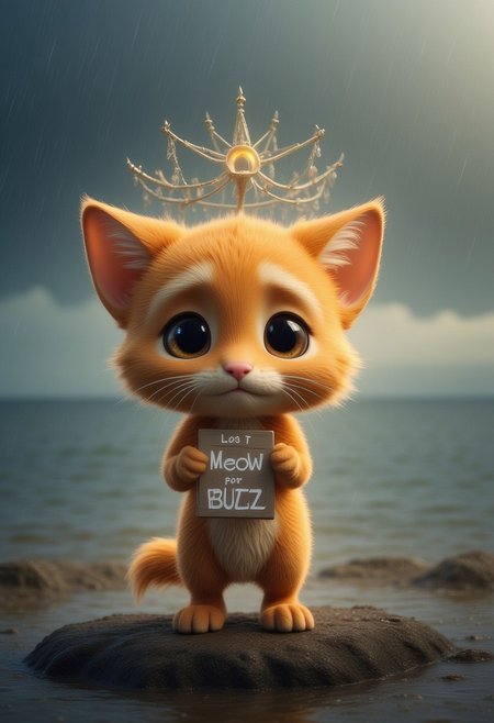 a very cute little orange cat with watery eyes, lost on an island, This very cute little cat holds a sign, with "Meow for Buzz" written on the sign, only one sign,
sad expression, perfect masterpiece, watery eyes, raining, puddle, mud,
<lora:Add_More_details_Flux:1>