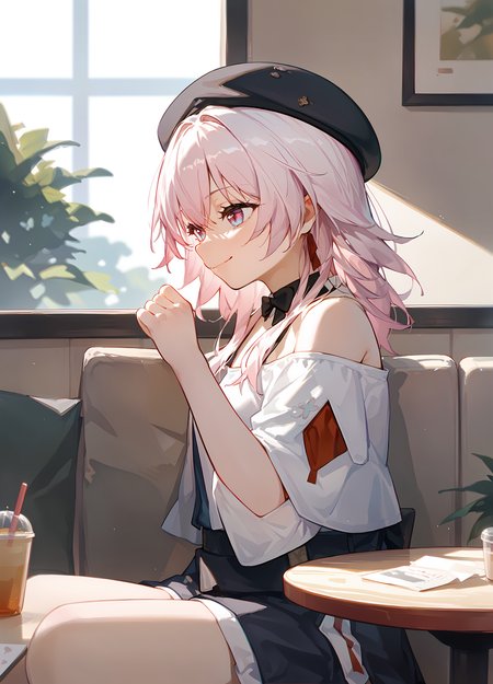 (score_9, score_8_up, score_7_up), 1girl, march7th \(kfc\), beret, off shoulder, sitting, in a cafe, smile, closed mouth, from side, <lora:march7th-strPO-v1AR:0.8>