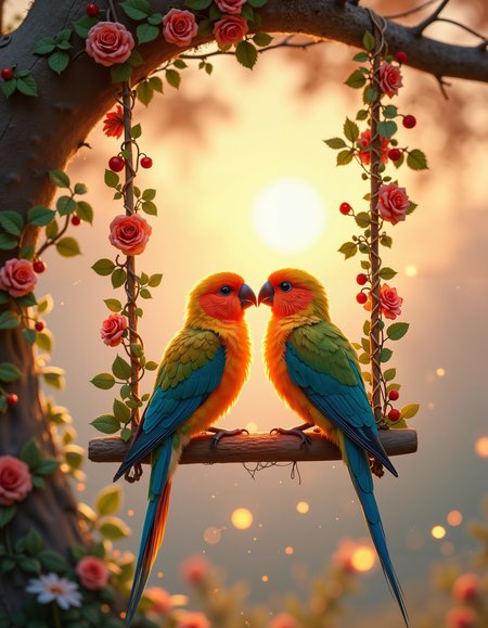 Two vibrant lovebirds sit closely together on a delicate swing made of intertwined vines, soft green leaves, and tiny red roses. Their colorful feathers shimmer in pastel hues of peach, teal, and golden yellow, glowing softly in the warm afternoon light. Their beaks touch gently as they exchange a tiny, heart-shaped berry, a symbol of their love. The swing hangs from an ancient tree, its branches draped in cascading flowers, as golden sunlight filters through the petals, casting dreamy patterns of light and shadow. In the background, the sky is painted with soft pinks and purples, fading into a warm golden glow as the sun sets. Tiny glowing fireflies dance in the air, adding an enchanting sparkle to the romantic scene. The atmosphere is warm, serene, and filled with the pure joy of love in nature.