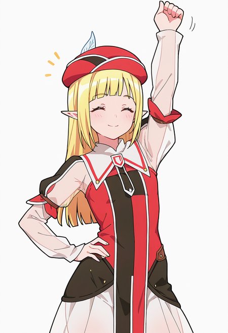 Smooth Quality,masterpiece,very intricate, high quality details, ultra realistic, high detailed skin,detailed enviorement,absurdres,
thumbs up,solo,
 <lora:Rune_Noma_CNR:0.8> rune_cnr, pointy ears, blonde hair, long hair, yellow eyes, blunt bangs, elf,  red hat, hat feather,, simple background, white background, front view,
stretching, one arm raised, other on hip, slight side bend, relaxed body,  ,, \(^o^)/,, lace-up top,  ,see-through shirt,  ,hobble skirt,  ,