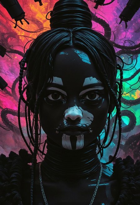 nistyle, monochrome Manga Sketch, extreme Closeup, a dark ethereal ghosts black skin, Killing Gaze smile, eerie, eyes Shrouded in darkness, hyperdetailed manga sketch style, White chin-tattoo with bleached vibrant colorful neon color Highlights, grey, and white color grading. Translucent Pop Art Colorful Backdrop with Glitch effects in another contrast application