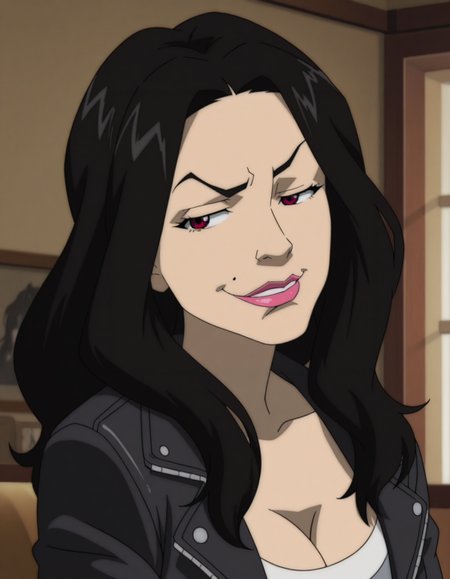 detailed, masterpiece, best quality, 
jacket, 
indoors, 
1girl, solo, portrait, 
<lora:tb-kardashia:1>, xkardashiax, black hair, long hair, brown eyes, mole under mouth, lipstick,