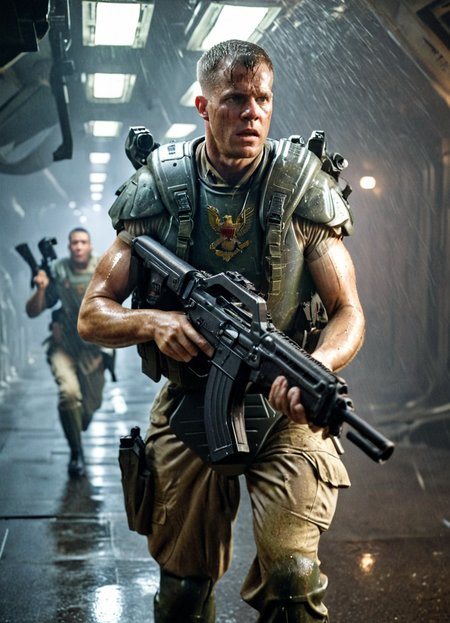 cinematic movie poster, uscmc man in military uniform, epic battle, firing his assault rifle at night, gun fire, dirty, heavy rain, multiple light sources, movie title text saying "United States Colonial Marine Corps",
male focus, science fiction, 
<lora:United_States_Colonial_Marine_Corps_-_Aliens_SDXL:0.8>