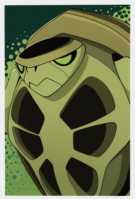 <lora:terraspin-06:1> terraspin, pokemon (creature), solo, no humans, closed mouth, green eyes, green skin, shell, turtle, green background,, masterpiece, best quality, amazing quality, very aesthetic, absurdres, newest,, upper body, halftone effect, white borders, abstract background:1.2,