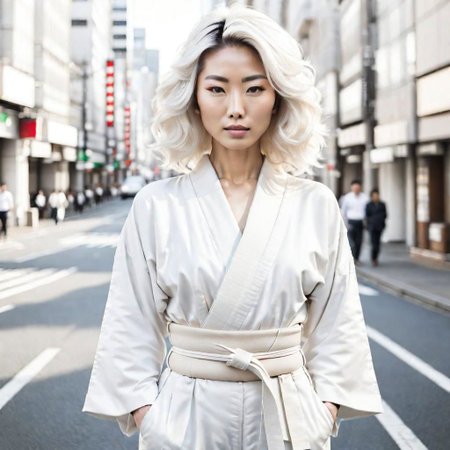 Portrait photography:2.3 of white japanese ethnicity 30 year old woman on city street, young, beautiful, high key (waist portrait:.5)
