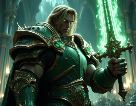 A cinematic ingame screen shot from World of Warcraft on a mighty Paladin knight. He got short flowing blond hair, beautiful face features, green eyes, wearing a green shiny magical armor with golden trimmed detailds. In his right han he is holding a giant glowing greatsword by the handle in a dynamic attack pose. glowing runes along the blad. He is standing in an empty battle field. full body shot. Amazing details, insane quality, hkstyle <lora:hkstyleFluxV3:0.85>  <lora:Elden_Ring_-_Yoshitaka_Amano:0.6> <lora:FluxMythP0rtr4itStyle:0.65>