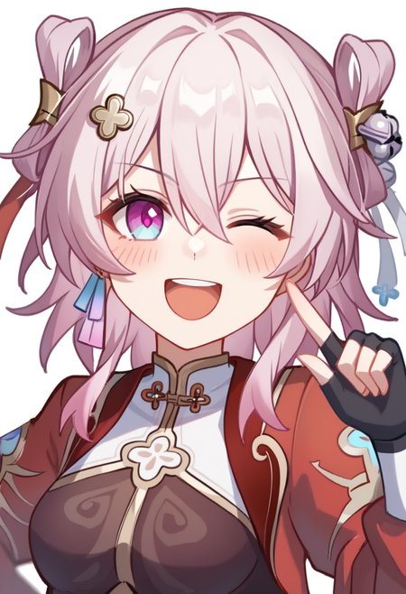 score_9,score_8_up,score_7_up,<lora:march_7th_(hunt))_pony:1>,march_7th_(hunt)_(honkai:_star_rail),1girl,solo,pink_hair,one_eye_closed,fingerless_gloves,black_gloves,blue_eyes,long_sleeves,white_background,official_alternate_costume,upper_body,medium_hair,looking_at_viewer,index_finger_raised,red_jacket,two-tone_eyes,open_mouth,simple_background,blush,dress,hair_ornament,single_earring,chinese_clothes,upper_teeth_only,medium_breasts,hand_up,puffy_sleeves,pink_eyes,multicolored_eyes,hair_between_eyes,multicolored_clothes,flower_ornament,