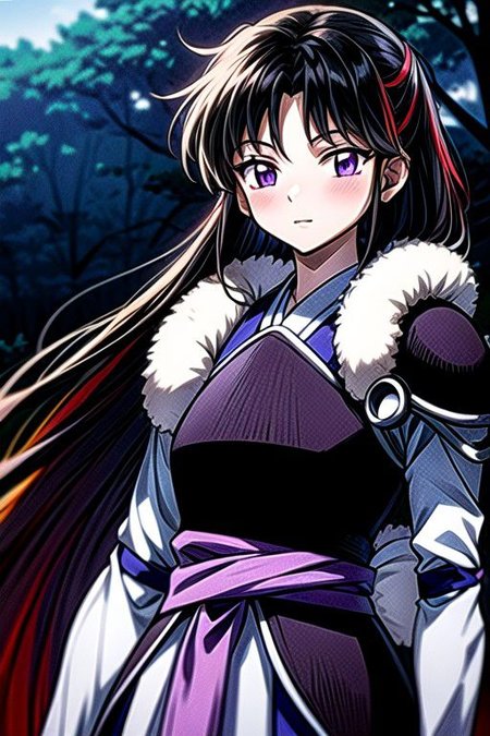 masterpiece,  best quality 1girl Setsun4 solo long hair,  (night time) forest background black hair very long hair purple eyes multicolored hair armor (fur trim) (medium body),<lora:EMS-179-EMS:0.800000>,<lora:EMS-293862-EMS:0.800000> bow, hair_bow, hair_tubes, red_bow, brown_hair, long_hair, bangs, ascot, frilled_bow, yellow_ascot, blush, smile, hair_between_eyes, athletic, armor, miko