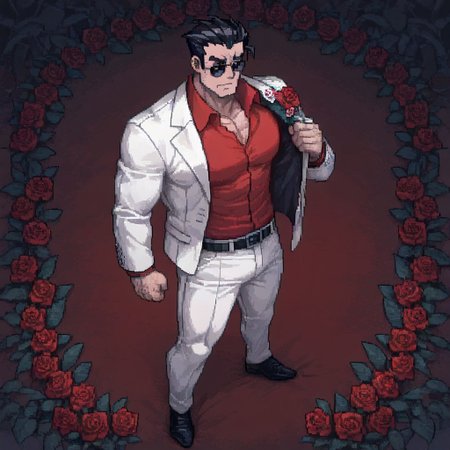 masterpiece, best quality, newest, absurdres, highres, PCSVIL-V1.0, pixel art, 1boy, helltaker (helltaker), black hair, short hair, muscular, muscular male,
sunglasses, glasses, 
white jacket, white pants, black belt, red shirt, formal clothes, flower in clothes, open jacket