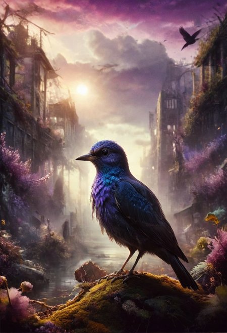 ral-apoctvisn, dark, chiaroscuro, low-key, breathtaking masterpiece showcasing a gorgeous little bird, Violet-crowned nymph,  bathed in soft, golden morning light, surrounded by vibrant bokeh balls that frame its delicate form. The image will be rendered in sharp detail, capturing every feather and intricate feature of the bird with stunning clarity. The soft, diffused lighting will enhance the warmth and radiance of its plumage, while high-quality bokeh adds a magical touch to the scene. Multiple image exposures will be expertly combined to emphasize the bird's vibrant colors and captivating gaze, resulting in a lifelike portrayal of tranquil beauty.
The artwork will feature shimmering digital colors in a mixed media style on textured paper, creating an overlapping, asymmetrical, abstract composition bursting with vibrant hues. Every inch of the image will be filled with intricate details, from the feathers of the nymph to the surrounding environment, all depicted in extreme detail. The wide range of colors will add depth and richness to the scene, with soft shadows and low saturation tones creating a serene yet evocative atmosphere.
With insane quality, resolution, and details, the final image will be a true masterpiece of nature photography, showcasing dramatic, dynamic, and cinematic elements. The sharp details will bring the scene to life, immersing viewers in the beauty and wonder of the Violet-crowned nymph in a way that is both breathtaking and captivating.