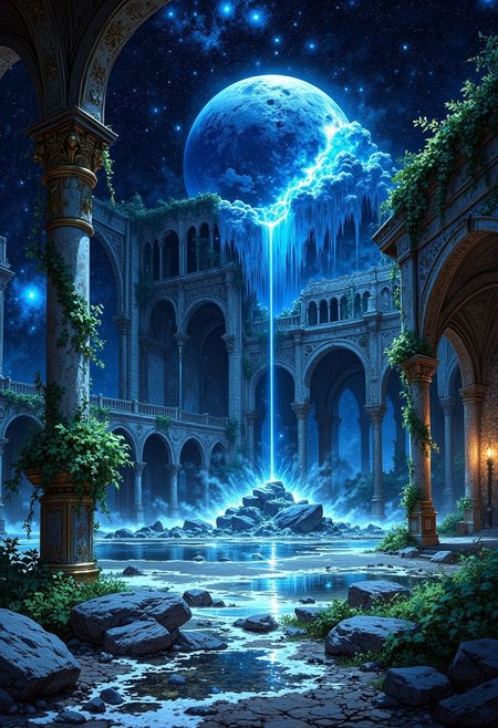 The Starfall Ballroom of the Phantom Court
A ruined ballroom, half-consumed by the stars, where massive crystalized comets hover above, radiating cold, ethereal blue light. Ancient brass railings, entwined with ivy that drips liquid silver, curve around floating dance floors that shift between reality and the unknown. Shadows of past celestial beings flicker on the walls, whispering forgotten knowledge to those who dare to listen. The air carries the scent of frozen lilacs, crushed meteorite dust, and lingering echoes of laughter long since faded.