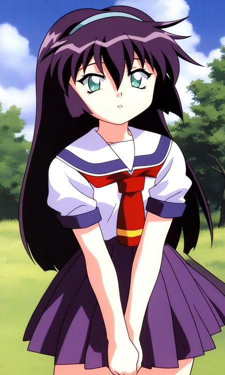 general,highres, ultra-detailed,very aesthetic,best quality ,best hands, BREAK  <lora:Amano_Misao_Pretty_Sammy_IS:1>
Amano_Misao, 1girl, solo, purple hair, long hair, bangs,  light blue hairband, green eyes,  hair between eyes, 
school uniform, purple skirt, short sleeves, pleated skirt, 
sailor collar, red neckerchief, parted lips,
v arms, 
looking at viewer, cowboy_Shot,
sky, grass, tree, cloud,