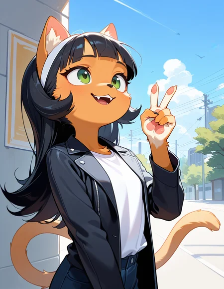 masterpiece, best quality, very aesthetic, absurdres,
outdoors, 
headshot, 
white t-shirt, black jacket,
smile, parted lips, fangs, 
<lora:Kitty_Katswell_v01_NAIXL:1>
K1tty_Kat6w3311, 1girl, solo, furry, furry female, animal ears, long hair, black hair, hairband, blunt bangs, flipped hair, green eyes, animal nose, body fur, orange fur, cat tail,