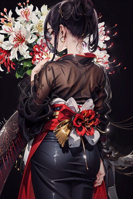 1girl, flower, spider lily, solo, black hair, red flower, long hair, from behind, black background, red nails, japanese clothes, kimono, facing away, signature, self hug, nail polish, simple background, black kimono, floral print, sash, crossed arms, see-through, print kimono, long sleeves, light particles, artist name, obi, cowboy shot, nape<lora:Kaisen:1>