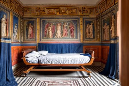 (masterpiece:1.2), (best quality,:1.2), 8k, HDR, ultra detailed, ((photorealistic)), professional light, cinematic lighting, fashion photography, ambient lighting, face lighting, <lora:detail_slider_v4:1>, Fantasy picture, OverallDetail, ancient roman room with a statue and candles in it and a bed in the middle of the room with a blue blanket on it and a blue blanket on the floor, RomInt, <lora:RomanInterior-10:1>, epiCPhoto