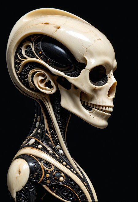 xenomorpth made out of, ebony, ivory, scrimshaw, bone carving, smooth, reflection, futuristic interior, dark theme,
sideways tilted head,
solo,
depth of field, face focus, dramatic lighting, detailed shadows,
 <lora:Ebony_and_Ivory_Scrimshaw_style_-_SDXL:1>, masterpiece, best_quality, amazing_quality, very_aesthetic, 8k, high_quality, highres, absurdres, subject_focus,