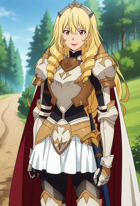 anime screencap, masterpiece, best quality,
<lora:GATE_BozesCoPalesti_IlluXL:0.9>,
1girl, solo, closed mouth, light smile,
drill hair, hair between eyes, long hair, blonde hair, brown eyes, red lips,
tiara, earrings, two-tone cape, shoulder armor, breastplate, black bodysuit, gauntlets, sheath, white skirt, greaves,
standing, looking at viewer, cowboy shot,
outdoors, forest, foliage, dirt road, blue sky, day, blurry background