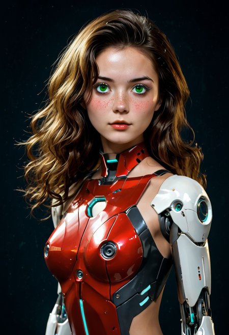 score_9, score_8_up, score_7_up, realistic, 1girl, elle,  solo, beautiful, petite, gorgeous, adult face, 25 years old, fit body, big perky breasts, long wavy hair, green eyes. amorous facial expression. bright red body. Cyborg. integrated mechanical parts. mechanical arms and chest.  futuristic, cybernetic high-tech suit. make up. mascara, freckles, jewelry, very detailed, vibrant, high contrast, realistic art style.  futuristic retro anime elements
Industrial environment. dark atmosphere.
vivid color, vivid background, simple background, elle, midjourneyv6.1, sideless_outfit, sideboob