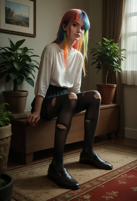 score_9, score_8_up, score_7_up, score_6_up, source_anime, masterpiece, newest,
Highly detailed, 1girl, slender, innocent, sitting, arms at sides, long hair, opaque pantyhose, no shoes, colorful hair, multicolored hair,  casual clothes, realistic, long legs, potted plants, ripped pantyhose