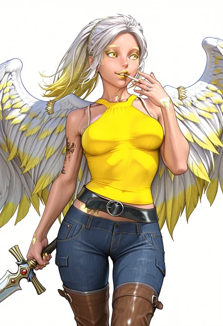 masterpiece, high quality, best quality, highres,
1girl, vasiy, uriel, angel, pointy ears, two tone hair, white hair, yellow hair, yellow eyes, yellow lipstick, yellow nails, tattoo, wings, ponytail, yellow crop top, bra, jeans, waist belt, thigh boots, wedding ring, cigarette in mouth, white background, smiling, holding sword,
<lora:Kinu Nishimura_illustriousXL:1.2> <lora:Vasiy-Uriel_V2:1>