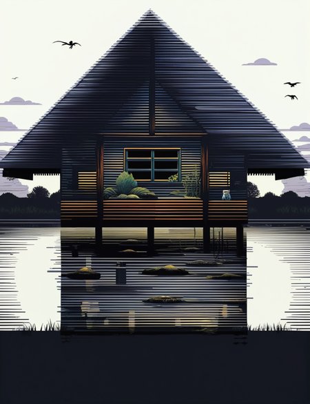 DonMC1rcu17Pl4nXL,hamlet cabin in wetland biome, <lora:DonMC1rcu17Pl4nXL:0.8>