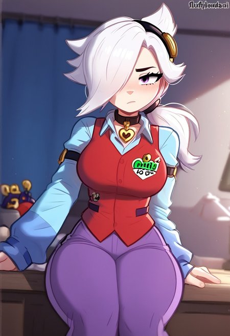 score_9, score_8_up, score_7_up,  
bscolette  , 1 girl , white hair,  , ponytail,  collar , red vest , blue shirt ,  long sleeves,  purple pants,  hair over one eye,  hairband, sleeves past fingers, look at viewer, big ass, big breast, indoors, close up, 
<lora:fluffylewdsai:1> , fluffylewdsai,