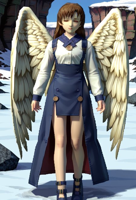 3d, mgs1_style, no eyes, 1girl, solo, female focus, Amer_SN2, long hair, bangs, brown hair, shirt, brooch, dirndl, long sleeves, white sleeves, sleeve cuffs, overall skirt, overskirt, buttons, bare knees, legs, shoes, ankle strap, blue footwear, Wings, angel wings, feathered wings, looking at viewer, snow, outdoors, canyon, ice, fantasy