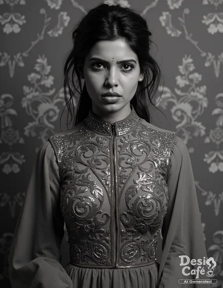vintage greyscale photo of Samantha Ruth Prabhu woman, hyper realistic photo that is safe for work, angry, studio quality image, well dressed wearing intricate long sleevedhigh necked evening gown, hair styled as messy hair,muted shaded wallpaper background that contrasts with the person, cinematic lighting,âââââ <lora:Samantha_Ruth_Prabhu_Flux_Kohya_V1-000001:0.8>âââ