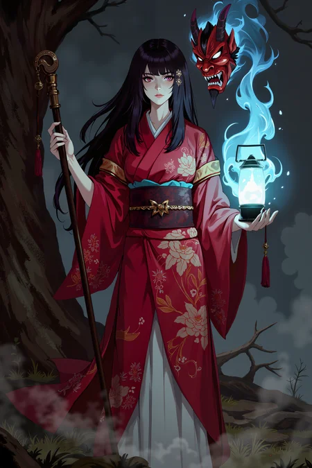 a somber, ghostly figure in traditional Japanese attire. The figure, with pale skin and long black hair, wears a flowing red kimono with intricate designs. They hold a glowing lantern and a staff, surrounded by ethereal blue flames. A red demon mask floats near their face. The background is dark and foggy, with a large tree trunk visible to the left. The atmosphere is eerie and mystical. , detailed background  Fantastic lighting. Detailed shadows.intricate details, vivid colors, hyper-detailed, ultra-sharp, , <lora:XRSTYLE_FLUX:0.5><lora:RetroAnimeFluxV1:0.4><lora:MoriiMee_Gothic_Niji_Style_FLUX:0.3>
