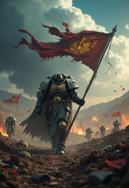 cinematic film still, low angle, ground up view, BlackT40k walking dramatically towards camera on a battlefield, clad in power armor. In his right hand, he holds a large, tattered flag with golden runes, fluttering dramatically in the wind. The background features a tumultuous sky with swirling clouds and a debris-covered ground, hinting at a recent battle. Other knights and soldiers are visible in the chaotic scene, with rich, vibrant colors and meticulous textures throughout, shallow depth of field, vignette, highly detailed, bokeh, moody, epic, gorgeous, film grain, grainy