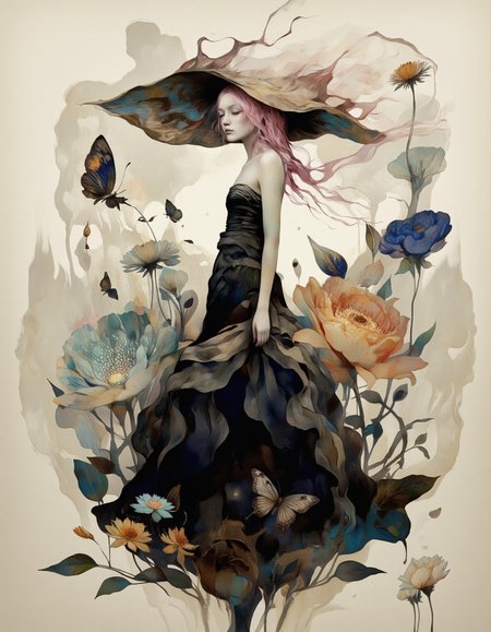 Art by Vvika. A digital illustration shoot from a profile camera angle about a surreal depiction of a woman with a large, flowing hat and a black dress, surrounded by abstract floral elements. the image also shows a woman standing in the middle of the image, wearing a black strapless dress with a ruffled hem, bare shoulders, and full body. the woman, who appears to be a adult, has long, flowing pink hair that cascades down her back, and her eyes are closed, giving a serene expression. she is standing with her arms at her sides and her head tilted slightly upwards, as if lost in thought. the background is a soft, muted beige color with a mix of abstract shapes and floral elements, including large, multicolored flowers and butterflies. the style is reminiscent of surreal art with a touch of fantasy, and the overall effect is one of serenity and wonder.