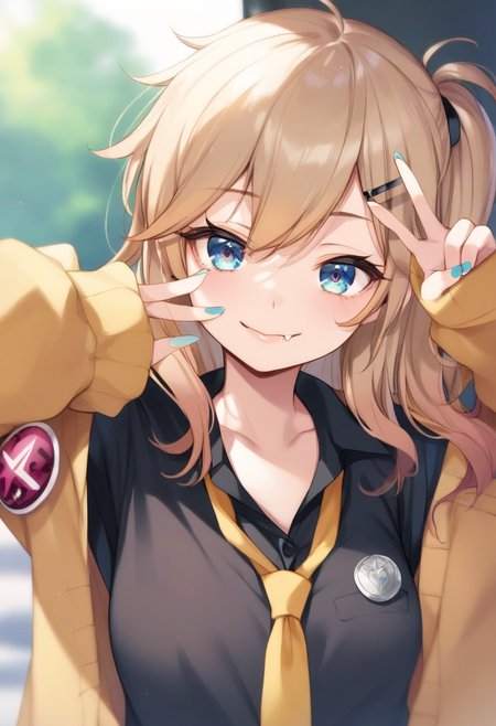 score_9,score_8_up,score_7_up,score_6_up,score_5_up,score_4_up,
<lora:KasukabeTumugi_Pony_V1:1> 1girl, kasukabetumugi, gyaru,
light brown hair, one side up, black hair clip, black hair band,
blue eyes, eyelashes, mole under eye, eyebrows visible through hair,
nail polish, fang,
shirt, black shirt, Yellow necktie, jacket,
(4 band aids), (badge), loafers, Black armband,
looking at viewer, smile, standing, v sign, upper body,