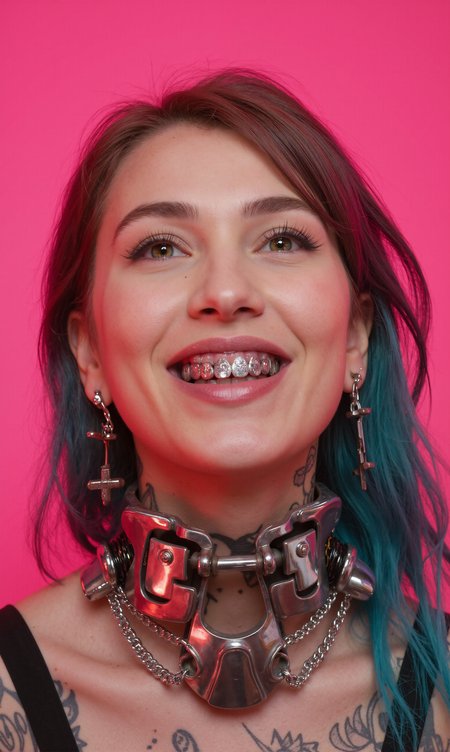 A futuristic young woman with an edgy, cyberpunk vibe gazes upward with a wide smile. Her face is adorned with a blend of human and robotic elements â her mouth revealing metallic teeth and mechanical components along her jawline and neck. Piercings and silver chains add to her alternative style, and large cross-shaped earrings dangle from her ears. Her tattooed neck merges into a metallic, cyborg-like structure, while her bright teal hair contrasts with the neon-pink background. ,<lora:Flux\Style\CinematicStyleFlux_v1.safetensors:0.4:0.4>, <lora:Flux\tools\SameFace_Fix.safetensors:0.0:0.0>, <lora:Flux\Style\Flux.FujifilmQuickSnap400-step00001000.safetensors:0.0:0.0>,