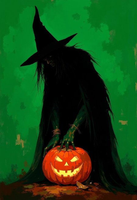 A dark, dramatic poster, likely for a film or movie. 
The central focus is a large, shadowy, wicked witch, reaching downward against a vibrant, orange jack o lantern. The figure is simple, a solid shape, and in silhouette, conveying a feeling of vulnerability.
The background is entirely green, lending an ominous and foreboding atmosphere. The green, textured vaguely, suggests maybe a stormy sky or other similar strong backdrop. The overall impression is one of a supernatural confrontation, dread, or a powerful allegorical story.
<lora:FLUX-daubrez-DB4RZ-v2:1> DB4RZ, DB4RZ style painting