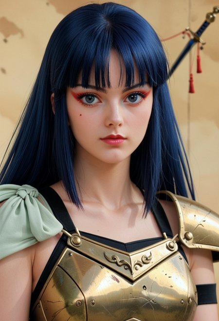 score_9, score_8_up, score_7_up, realistic, fine anime screencap_xl, anime screencap, ladykayura, kayura, ronin warriors, solo, 1girl, retro, blue hair, 1980s (style), bangs, long hair, blue eyes, portrait, makeup, armor, shoulder armor, gloves, swords