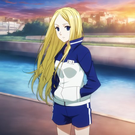 sharp focus, pixiv masterpiece, score_9, score_8_up,  source_anime, score_7_up, best quality, high res, absurd res, BREAK
<lora:Nino_arakawa_under_the_bridge_illu_v38:1>,nino_arakawa_il, (1girl, solo:1.5), blonde_hair, blue_eyes, blue_white_tracksuit, number_tag, long_hair, blue_shorts, side_stripes,(anime_screencap:1.1),  riverside, cowboy shot, standing, hands_in_pockets