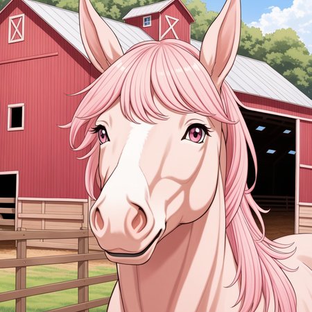 pippa, pink hair, pink eyes, rabbit ears, 
barn, horse, mare, long hair, 
 <lora:PIPPA-XL-t9-000001:0.6>