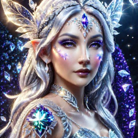 portrait of an epoch elf,  wearing a ((fairy dress, crystalline dress)), she has long glittery silver hair, perfect elven face, symmetrical eyes, fine details best quality, hyperdetailed face, photorealistic, highest quality, best shadow, highly detailed. photography, professional, 4k, 8k HD, professional, purple colors, blue light, blue atmosphere