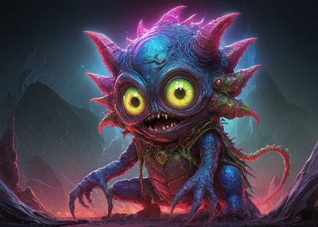 (whimsical cute otherworldly fantasy)-monster, cute big eyes, Multi-colored tentacles, Glowing red eyes, Gaping maw, Spiked, armored plating, Barbed, whip-like tail, Serrated, tooth-like scales, Glowing, bioluminescent markings, Intricately carved, demonic horns, Sinewy, muscular physique, Colorful pulsating, iridescent under-skin, Tattered, dirt stained robes, Glowing, malevolent aura, Tentacle-like antennaes, Bulging, bloodshot eyes, Tattered, tattered cloak, 
 light rays, dark background, (pui:0.01)(trending:1.1) (high image quality:1.08), (RAW:1.05),(high resolution photograph:1.28),high definition,best quality, amazing quality, (aesthetic:0.75), <lora:LCMTurboMix_Euler_A_fix.safetensors:0.96:0.3> <lora:sdxl\add-detail-xl.safetensors:0.87:0.10  p25,s20