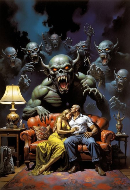 Comic book style 8k high quality digital painting, Boris Vallejo style, retro artstyle, score_9, score_8_up, score_9_up, very detailed, ultra realistic, (best quality) full body, very detailed masterpiece, RetroSci style, a woman and a man are sitting on on the couch huging each other in anxiety, they are completely desperate, afraid, holding each other very tight, on the wall behind the couch we see many monstrous demons, creatures from hell watching the couple on the couch, threatening them, looking at the couple on the couch (demons with glowing eyes, big fangs, claws, menacing, aggressive demons) fantasy, surrealism, dreamscape, dramatic illumination, and dynamic lighting, full body